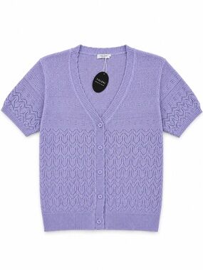 Yekaty Pointelle Knit Button Cardigan Sweater Short Sleeve Top Lavender XL